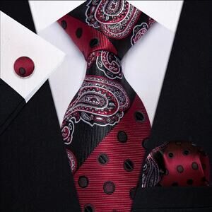 Men’s Silk Coordinated Tie Set - Red Black Paisley and Polka Dots